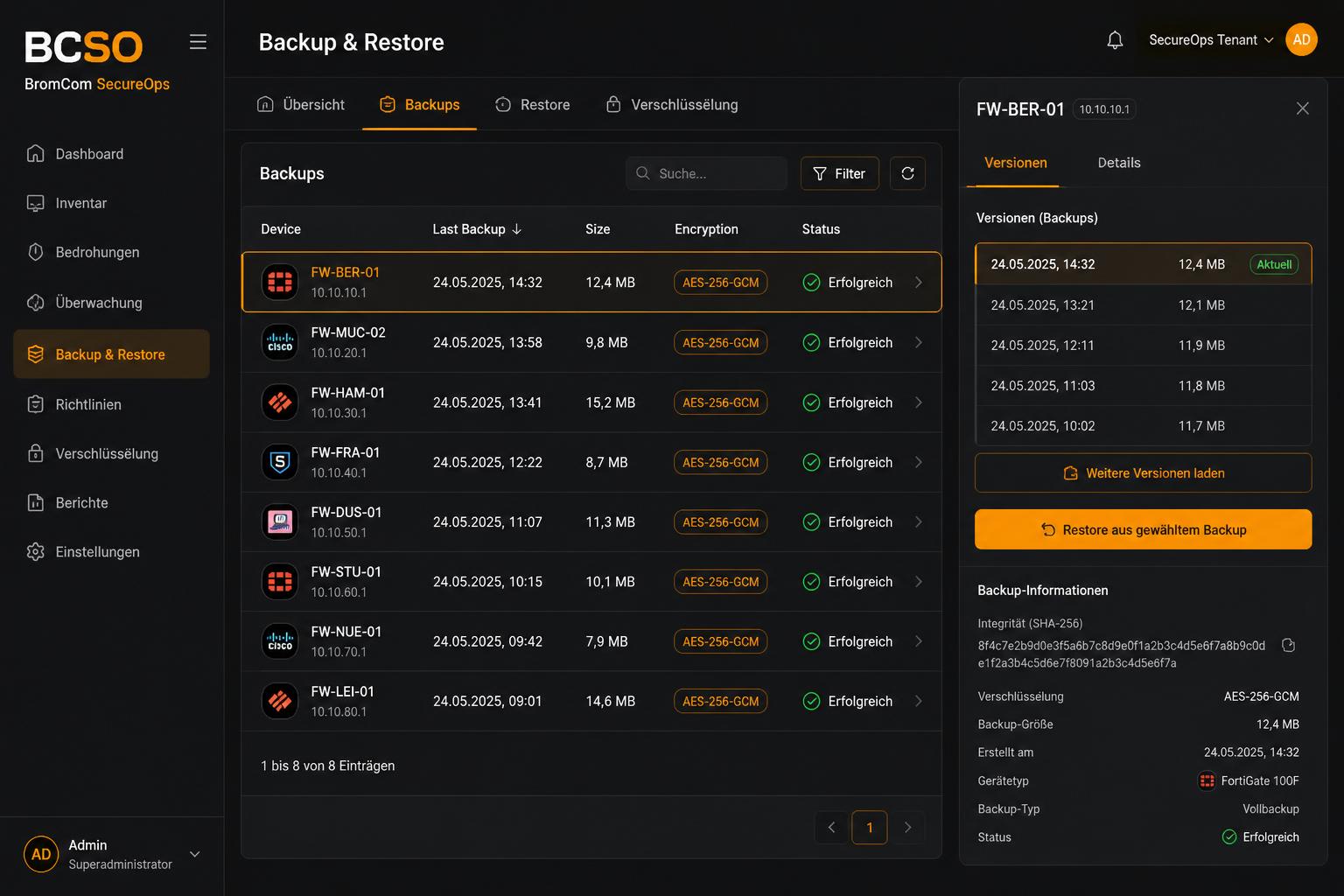 Backup & Restore in BCSO - verschlüsselte Konfigurations-Backups mit Versions-Historie