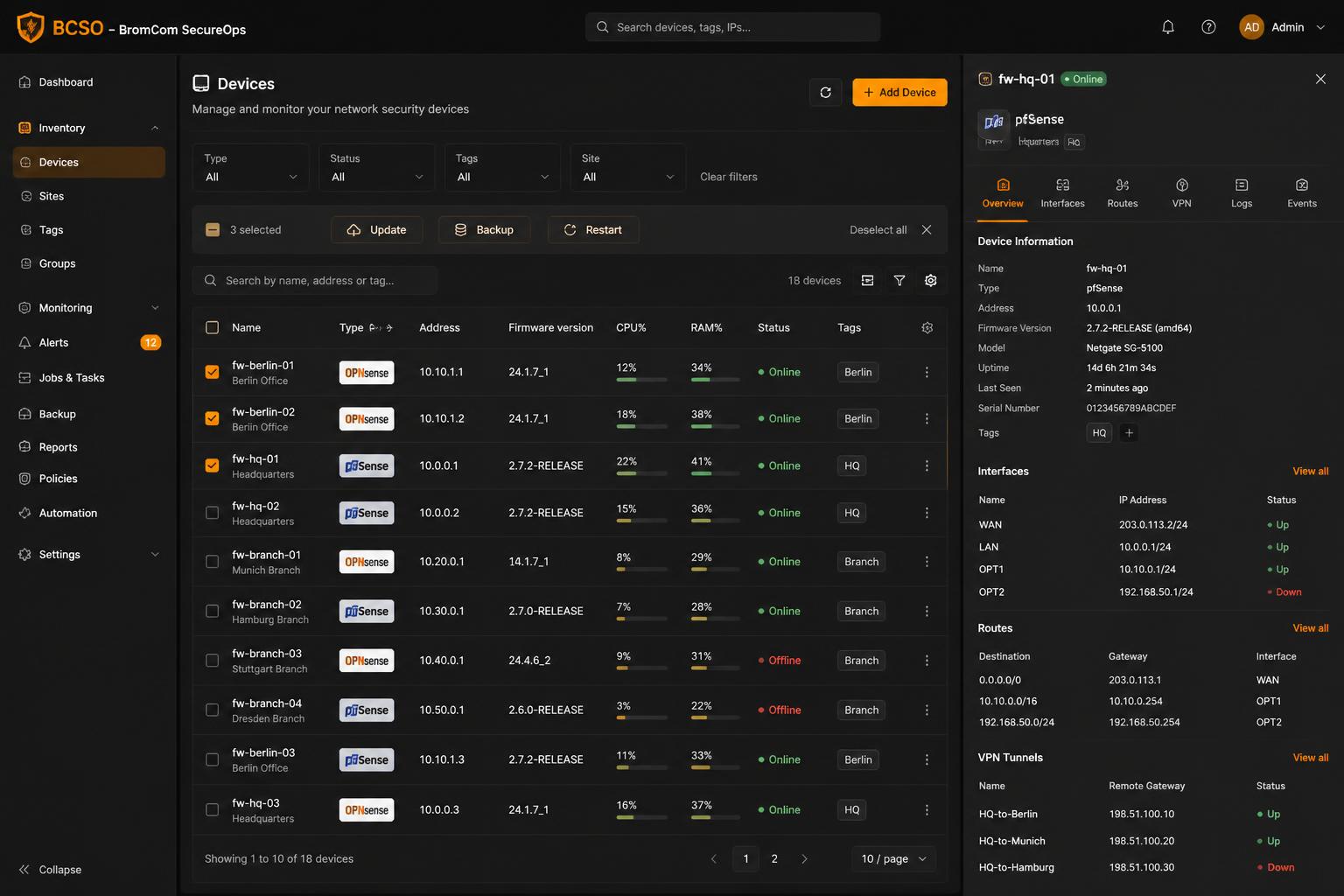 Geräte-Inventar in BCSO - OPNsense und pfSense in einer Liste